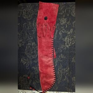 Handmade Red And Black Suede Fringed Flute Bag With Bead Accents